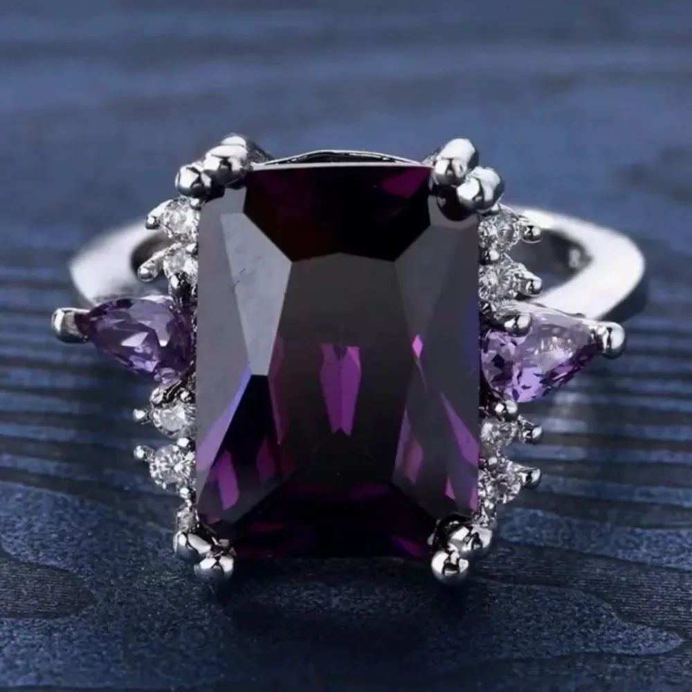 💟 NEW Elegant Purple Crystal Gemstone Silver Ring 💟